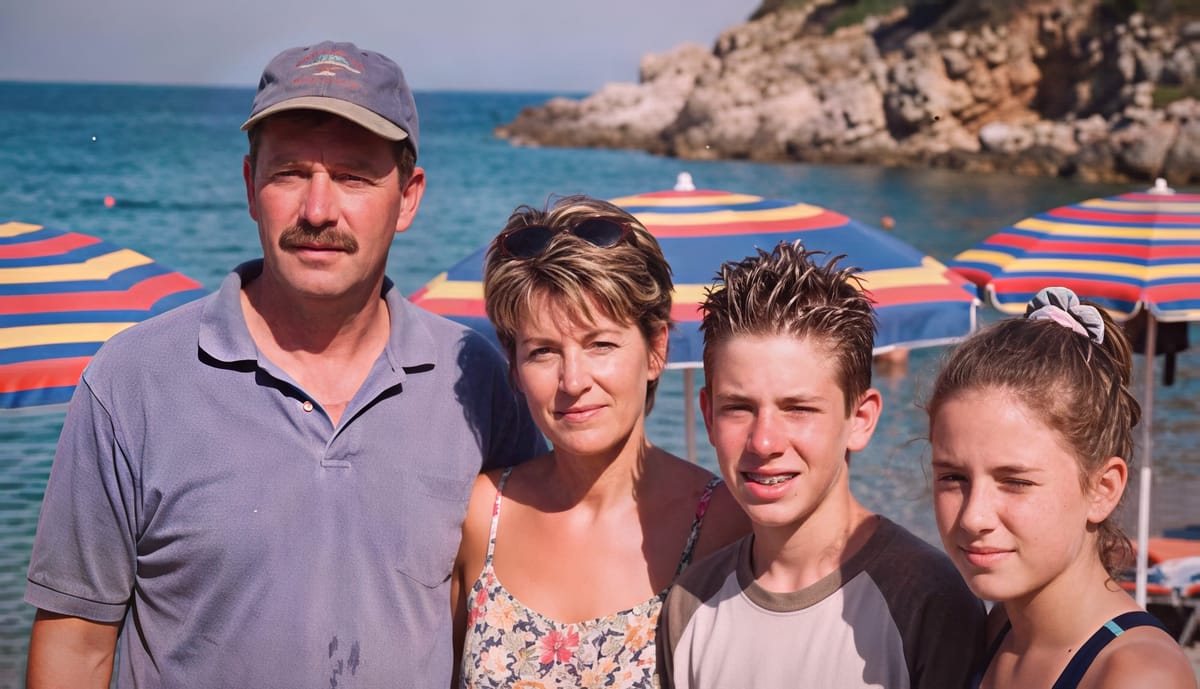 After: a 1997 beach holiday photo of a family of four, restored