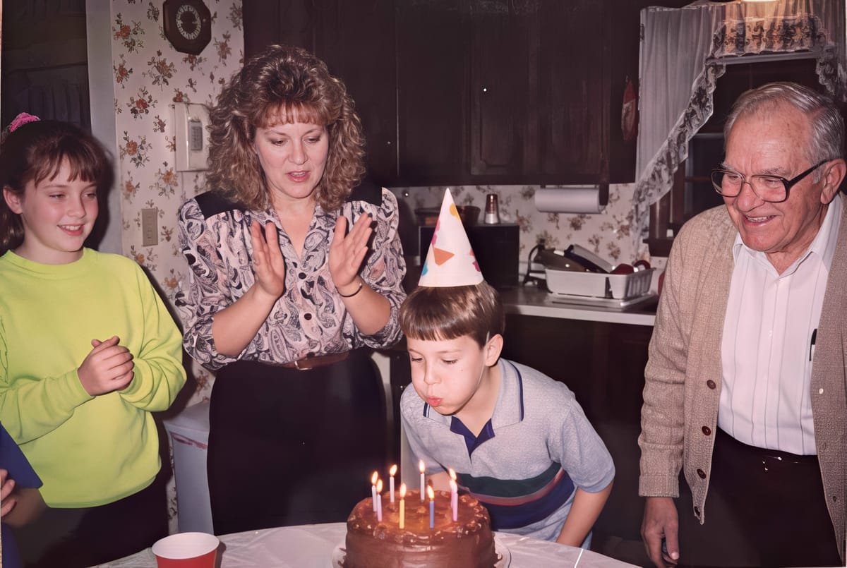After: a 1994 kitchen birthday party, restored