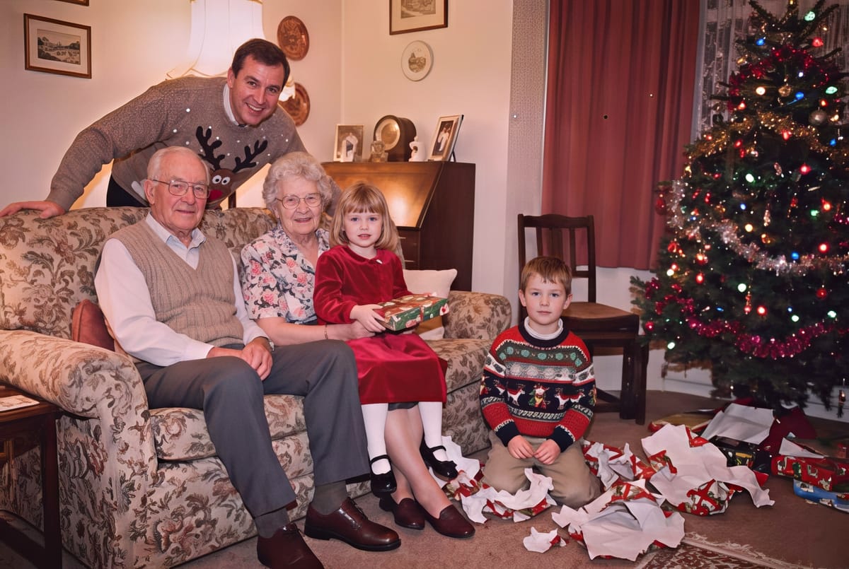 After: a 1999 Christmas Eve living-room photo, restored
