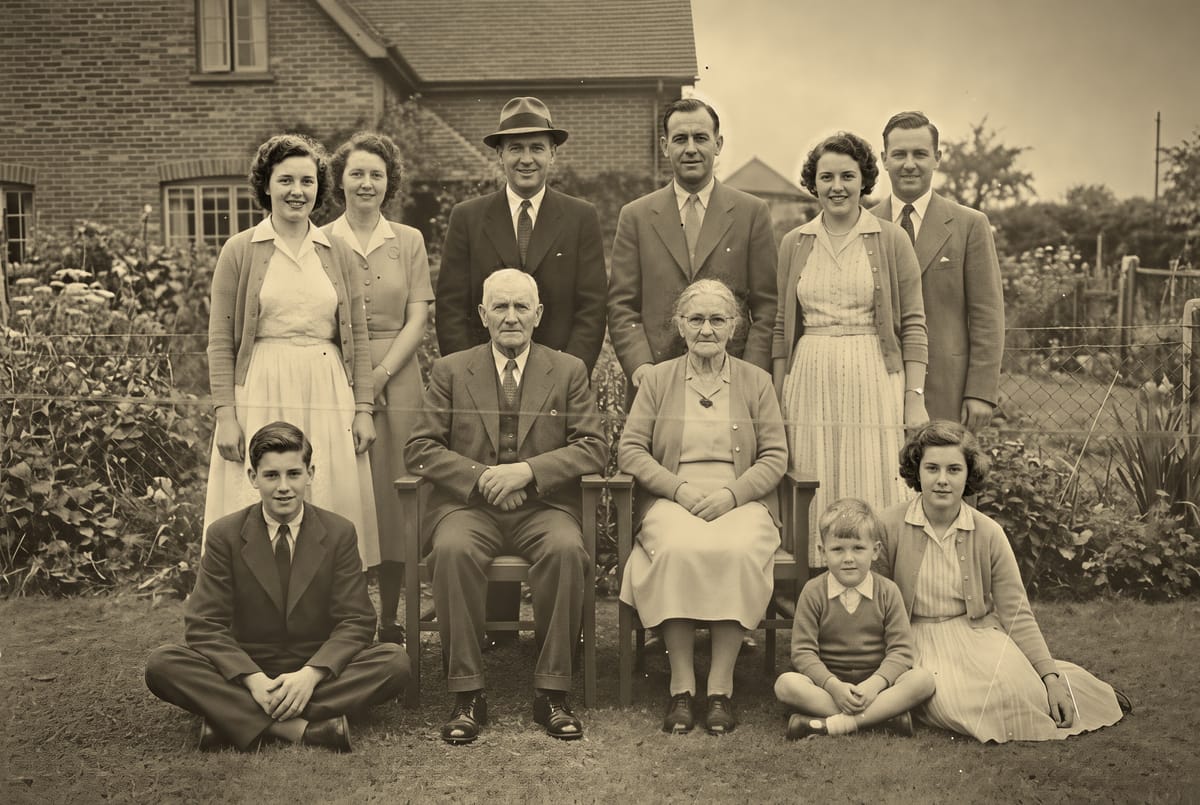 After: a 1955 family reunion of eleven people, restored