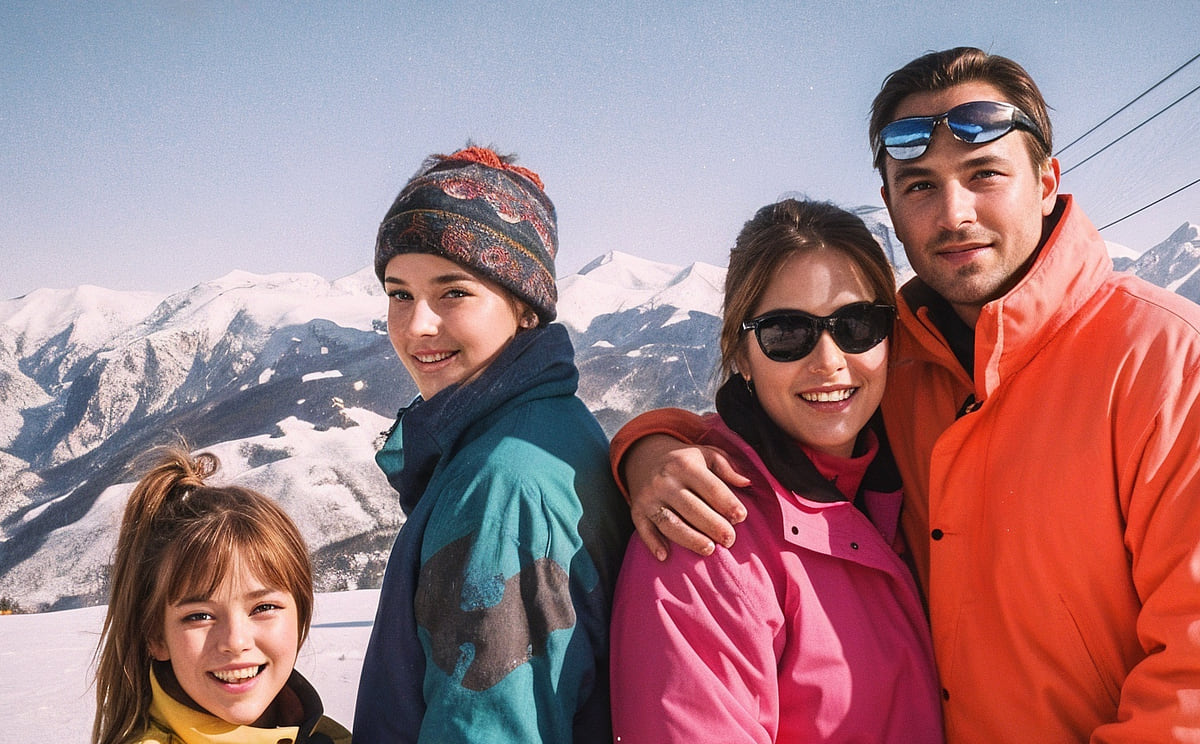 A 1993 ski-trip family photo after an AI upscaler: the family looks younger and airbrushed — the father like a model, the mother smoothed out